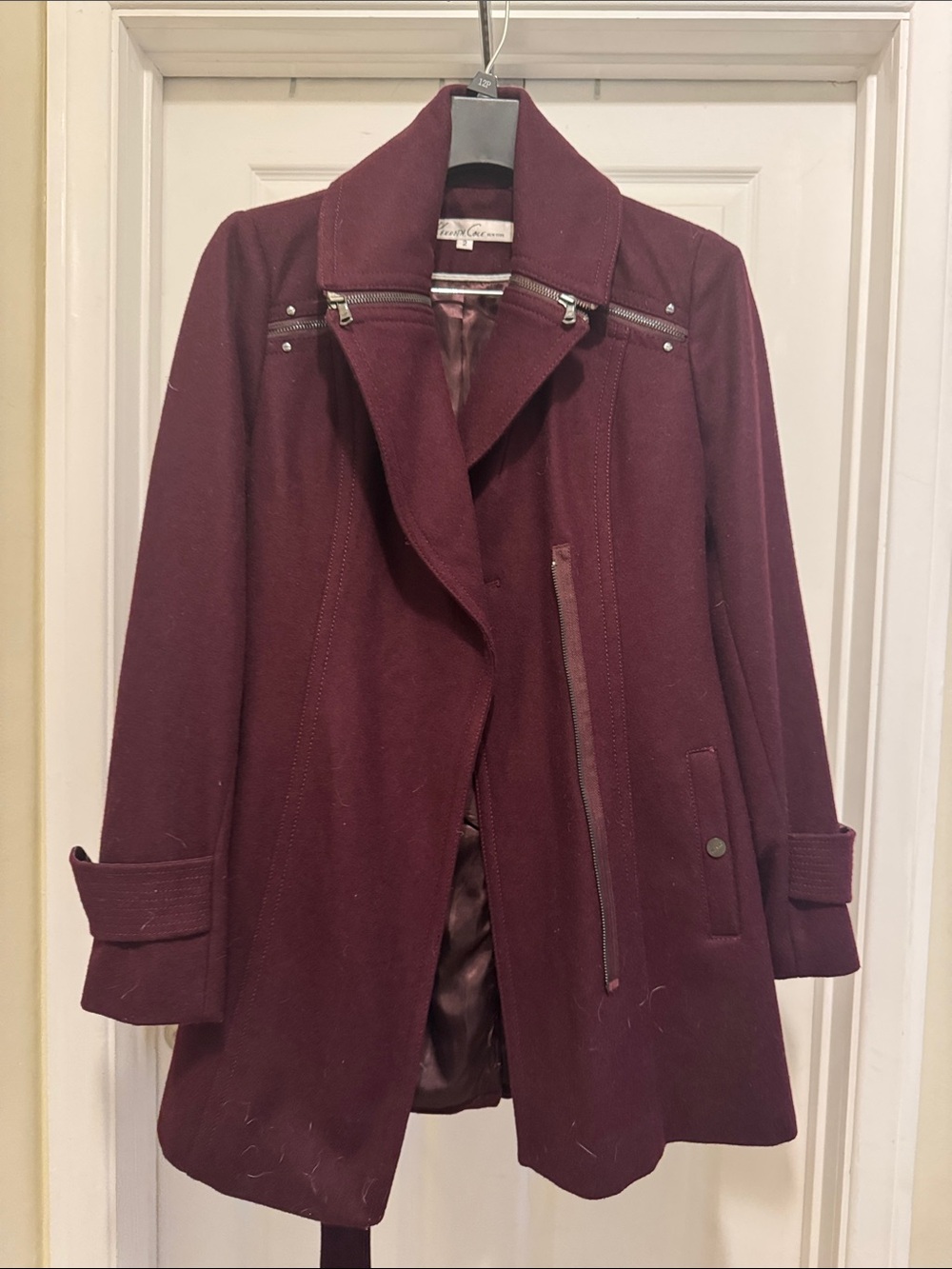 Kenneth Cole New York Burgundy Pea Coat with Asymmetrical Zip